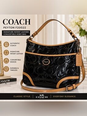 Coach Peyton F20022 Black Embossed Patent Leather Convertible Hobo Bag